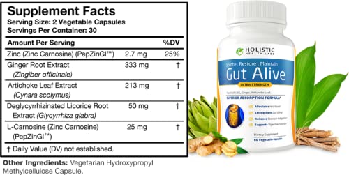 Gut Alive - All Natural Support to Fight IBS, Heartburn, Acid Indigestion, Acid Reflux, Bloating & Gas. Unique Formulation (60 Count)